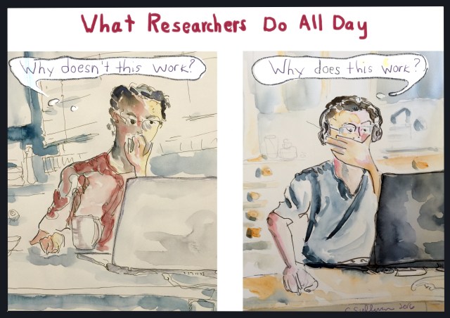 Watercolor of man working on computer