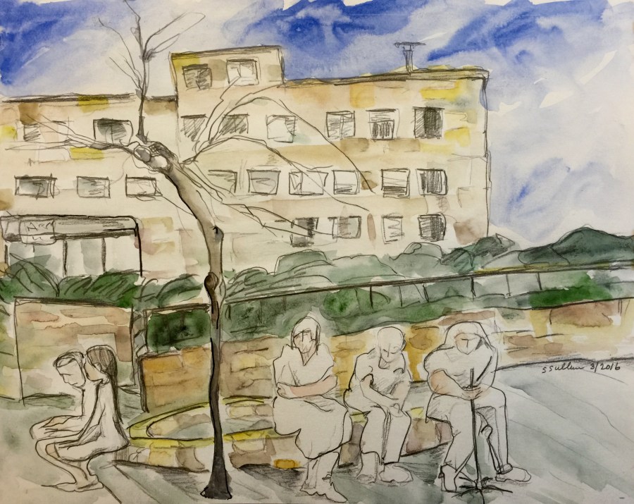 Watercolor of People Outside Yad Vashem