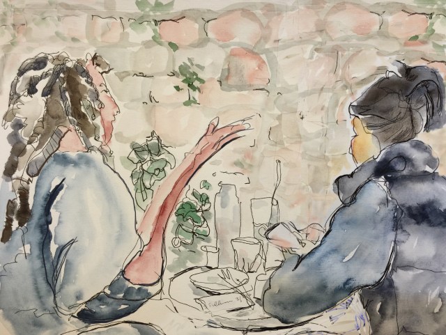Sketch of two women on a restaurant patio