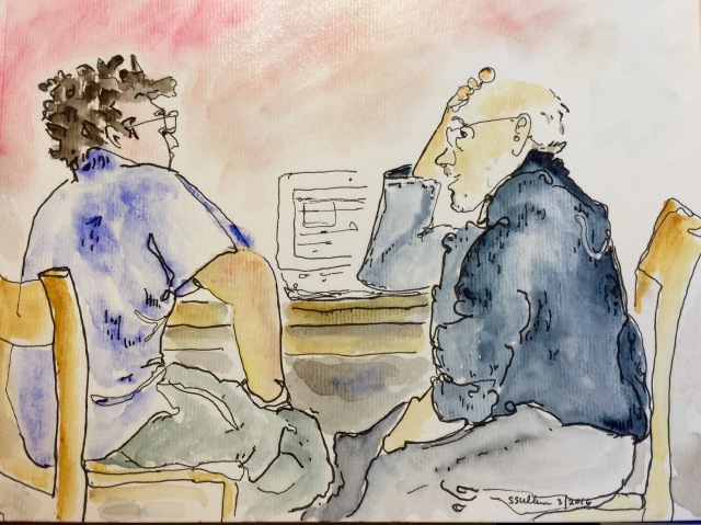 Sketch of 2 men thinking by Sarah Sullivan