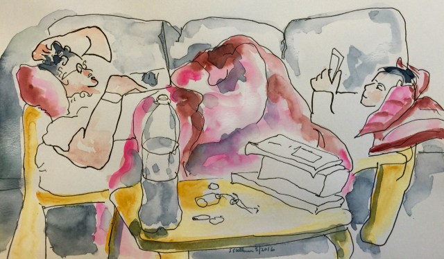 Sketch of 2 people sharing a couch by Sarah Sullivan