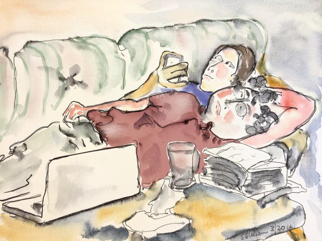 Sketch of 2 people resting on a couch by Sarah Sullivan