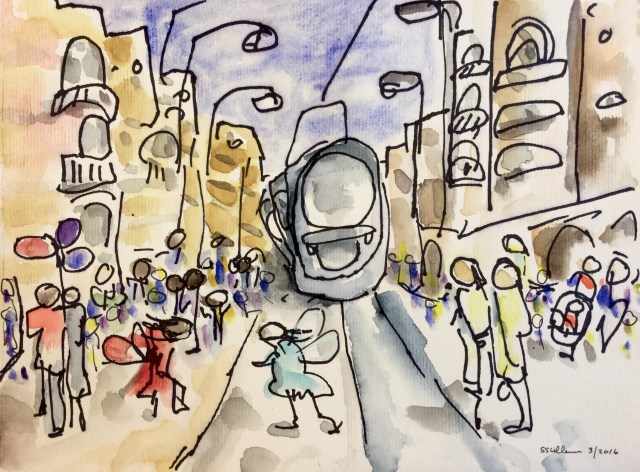 Sketch of Yaffa Street on Purim by Sarah Sullivan