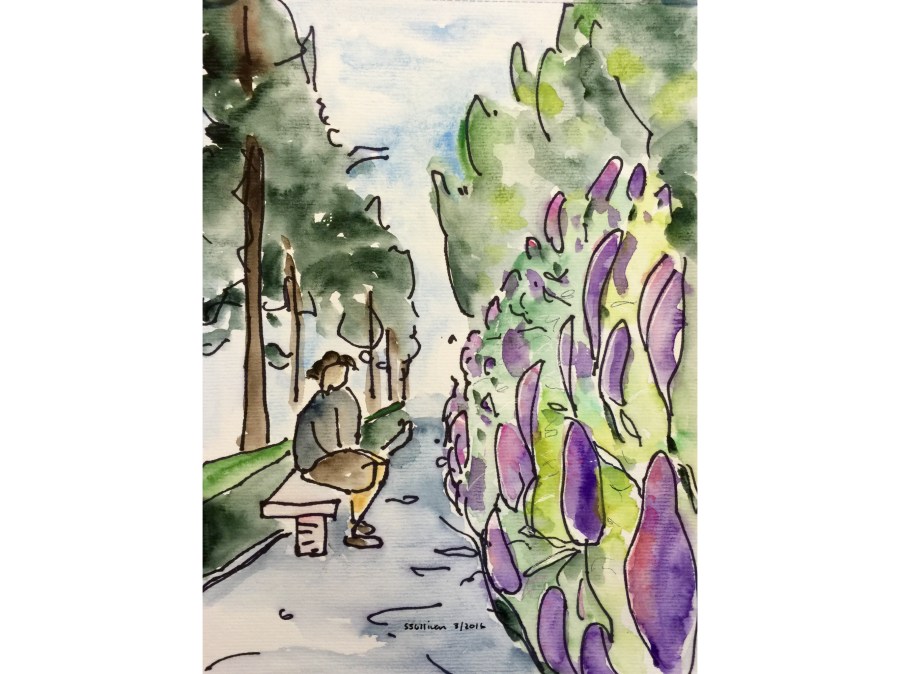 Sketch of a man sitting along a garden path