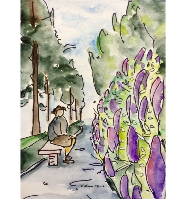 Sketch of a man sitting along a path