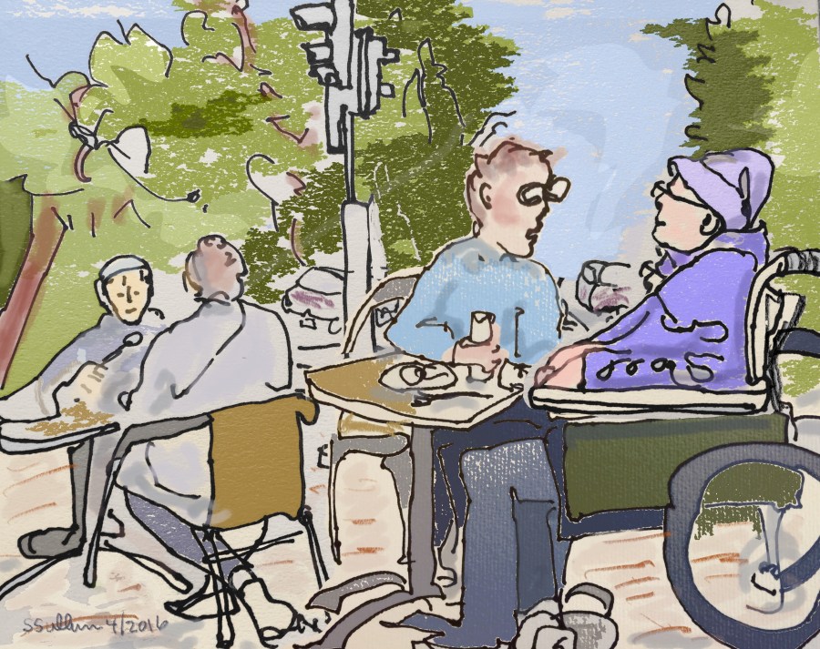Eating at an outdoor cafe