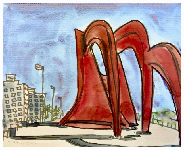 Sketch of a huge red sculpture by Alexander Calder