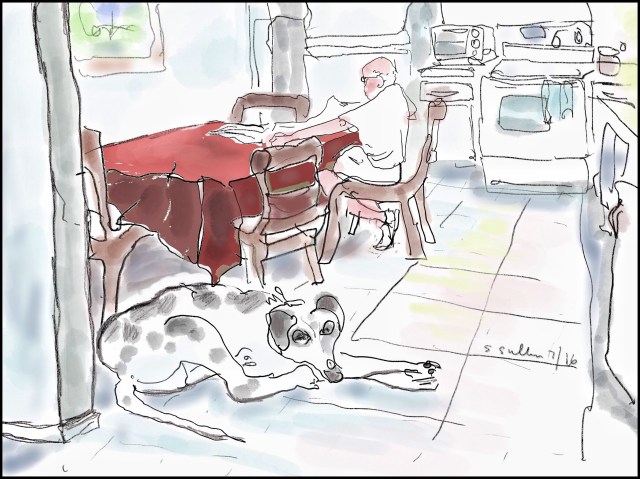Dog Waits While Man Reads Paper