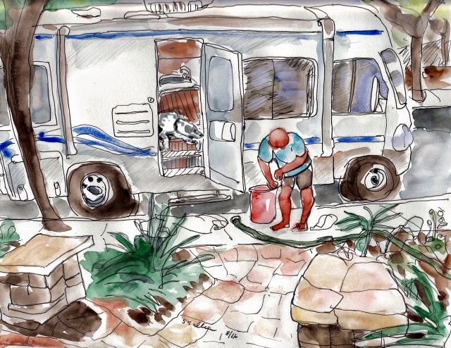 Dog Watches Man Clean Camper