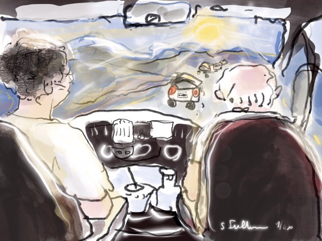 Driving into the Sunset on I-15 Sketch of people driving by Sarah Sullivan