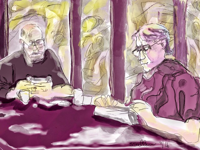 Sketch of two people reading the morning news by Sarah Sullivan 