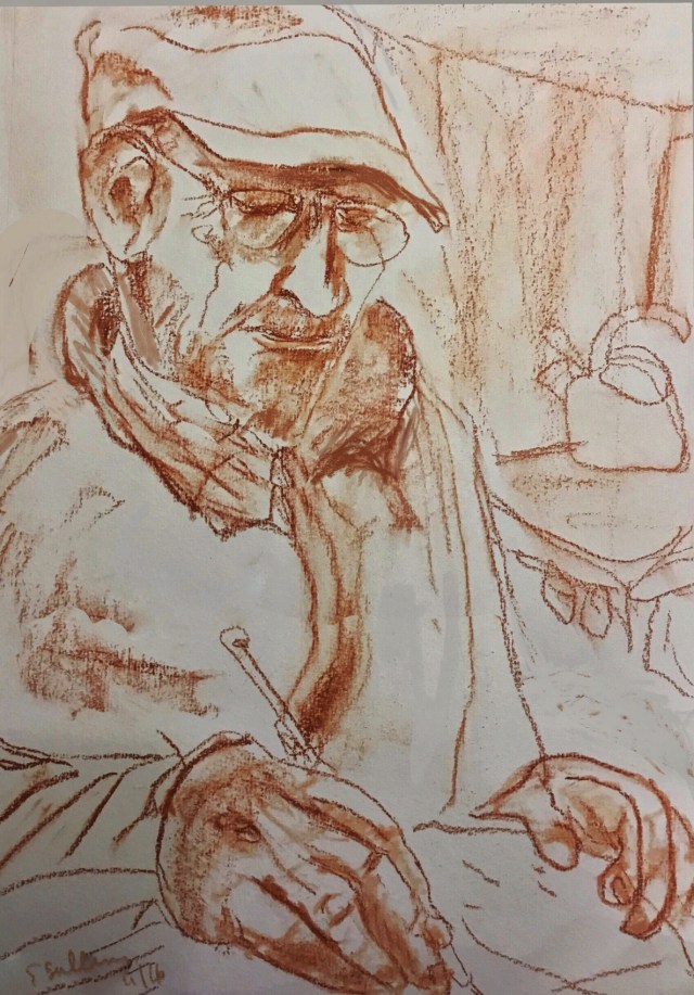 Grading Exams in a Camper Sketch of a man by Sarah Sullivan