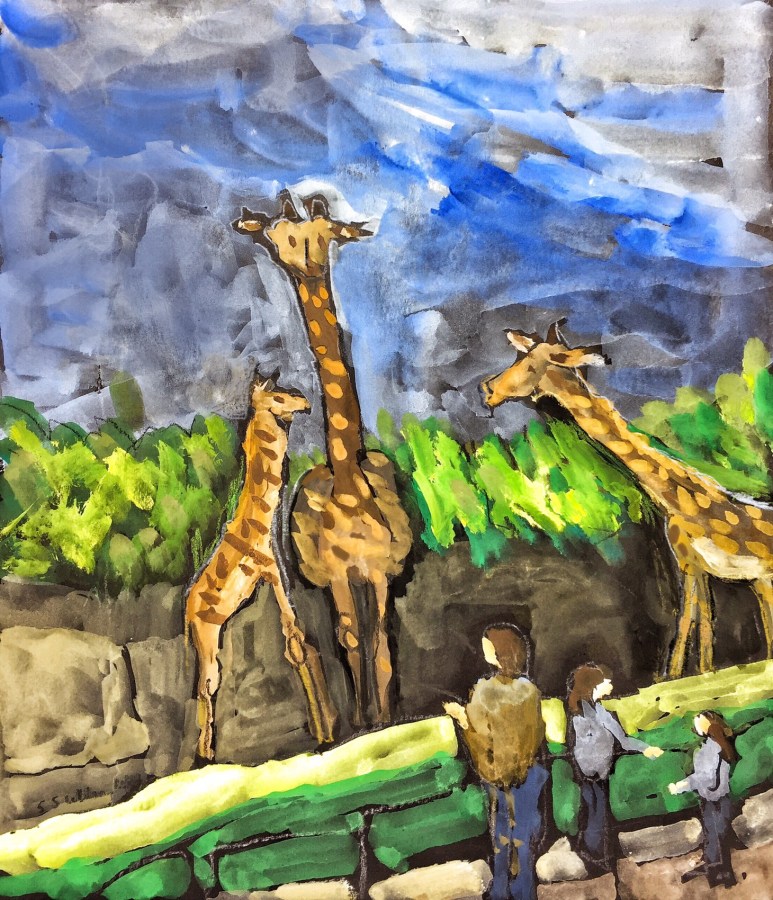 Three Giraffes and Three People