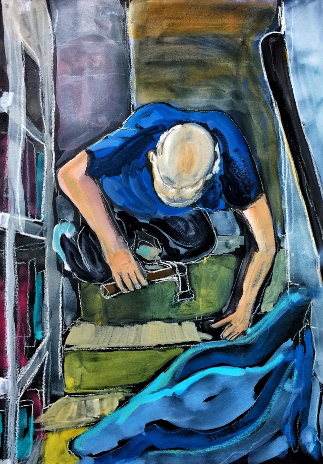 Man Carpets the Stairs