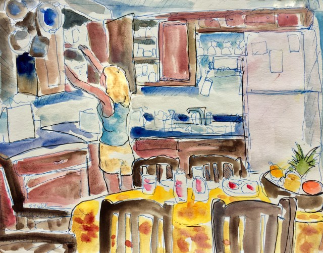 Sketch of a woman cooking in her kitchen by Sarah Sullivan