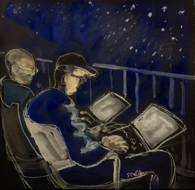 Sketch of two men with their computers at night by Sarah Sullivan