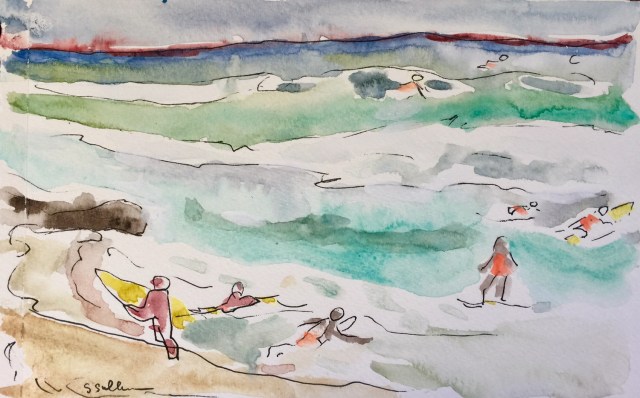 Sketch of people Surfing on the North Shore of Oahu by Sarah Sullivan