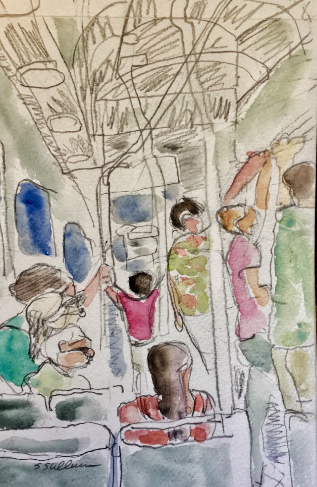 Sketch of people on a bus by Sarah Sullivan