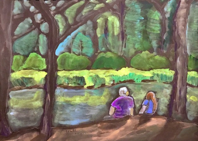 Sketch of a Grandmother and Grandchild by the Kid's Fishing Pond in Telluride by Sarah Sullivan