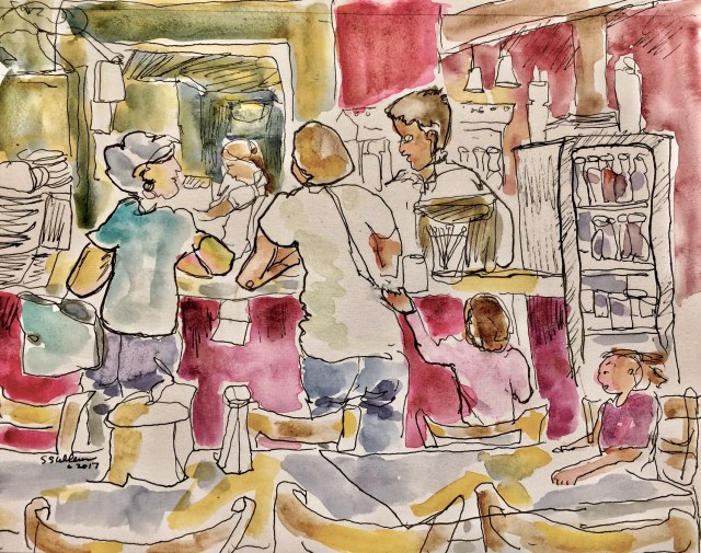 Sketch of people ordering food at a counter by Sarah Sullivan