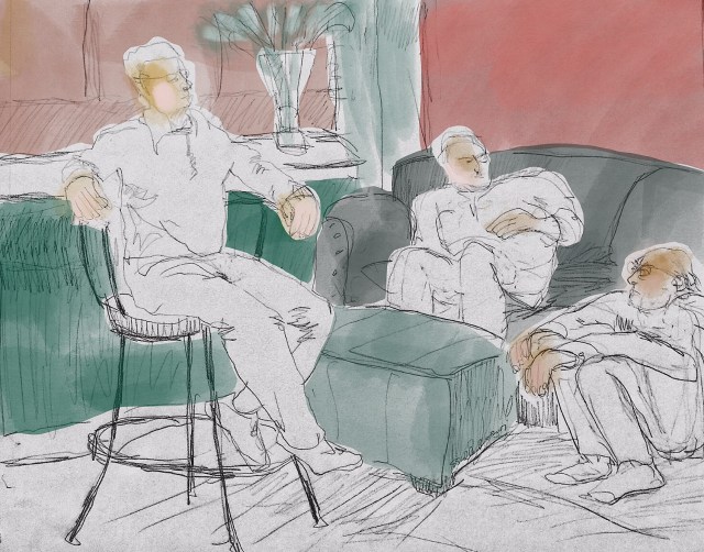 Sketch of 3 academics as they review the workshop they just led by Sarah Sullivan