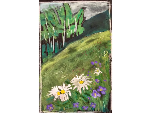 Sketch of a green meadow with flowers and aspen trees by Sarah Sullivan