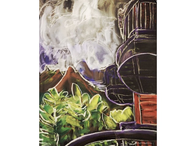 Sketch of the view from a balcony of more balconies and storm clouds by Sarah Sullivan
