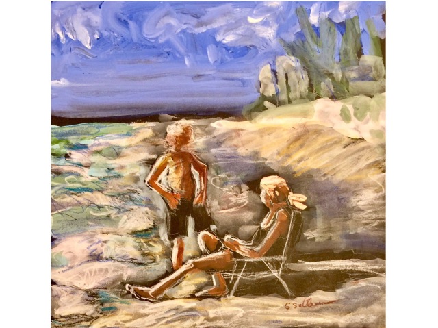 Sketch of two people talking by the edge of the beach by Sarah Sullivan