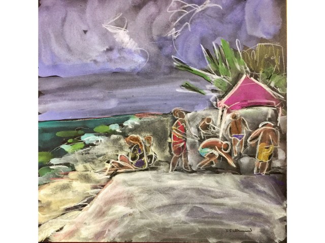 Sketch of a group setting up a sun shade by Sarah Sullivan