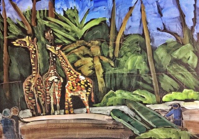 Sketch of Giraffes, People and Plants at the Zoo by Sarah Sullivan