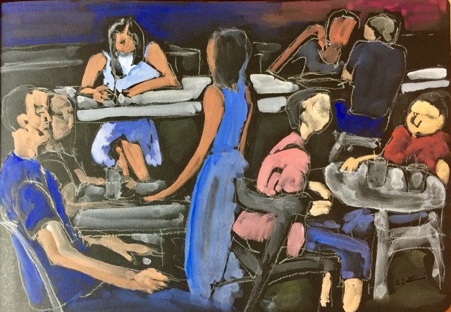 Sketch of people eating at the North County Mall by Sarah Sullivan
