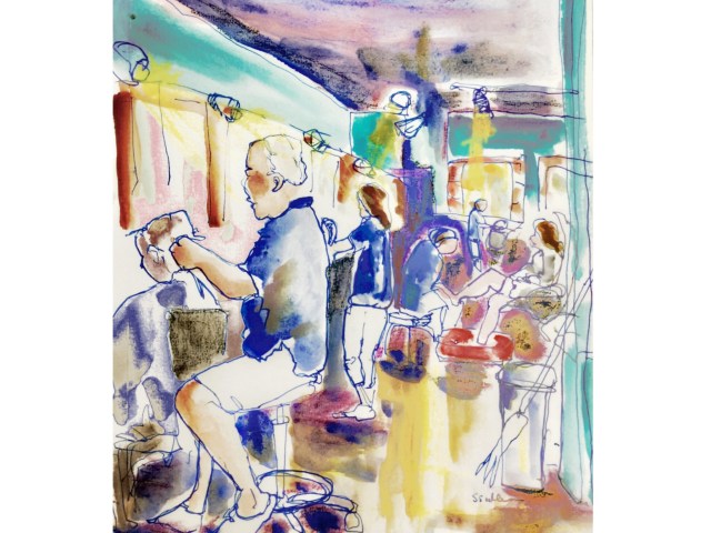 Sketch by Sarah Sullivan of People in a Hair Salon