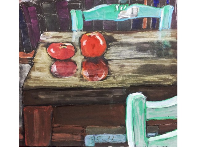 Sketch of a tomato and an apple on a table by Sarah Sullivan
