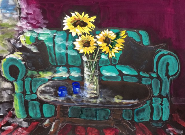 Sketch by Sarah Sullivan of light coming in a window onto a couch and sunflowers