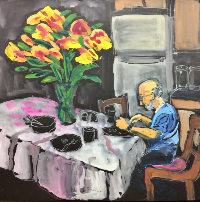 Sketch by Sarah Sullivan of a man eating Potatoes and a Bouquet for Dinner