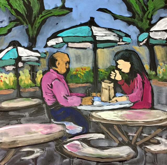 Sketch of two people taking their lunch break by Sarah Sullivan