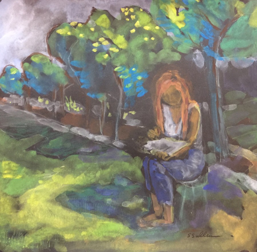 Sketch of a woman sketching in a park by Sarah Sullivan