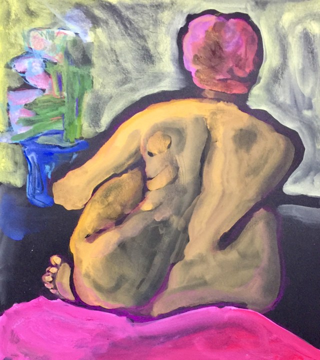 Gouache sketch of a woman looking at some flowers by Sarah Sullivan