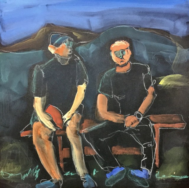 Sketch by Sarah Sullivan of two men talking together