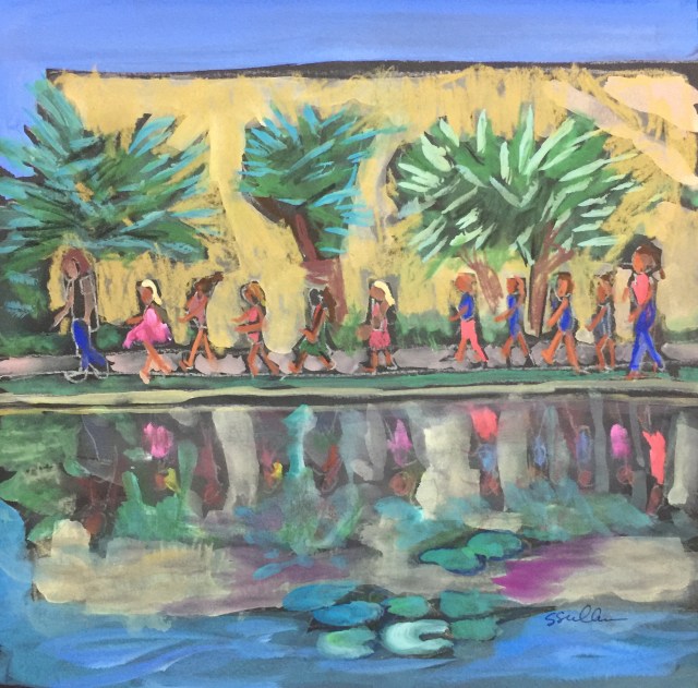 Sketch by Sarah Sullivan of a class of students along the lily pond at Balboa Park