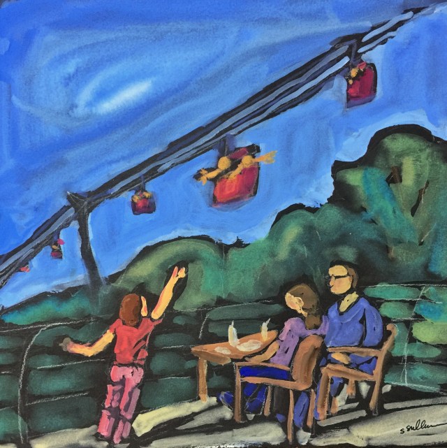 Sketch by Sarah Sullivan of a child waving at people riding the Skyfari at the San Diego Zoo