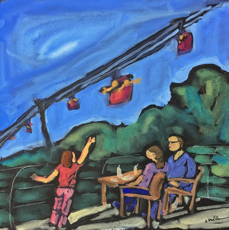 Sketch by Sarah Sullivan of a child waving at people riding the Skyfari at the San Diego Zoo