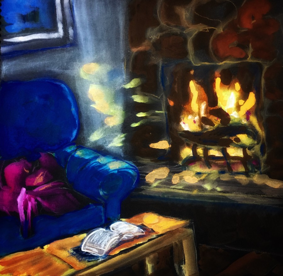Sketch of a fireplace and couch by Sarah Sullivan