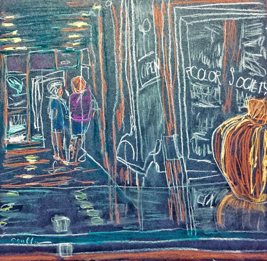 Sketch by Sarah Sullivan of the view from a gallery desk