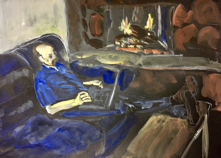 Sketch on a man working by his fireplace by Sarah Sullivan