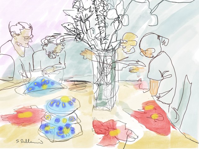 Sketch of people playing board games by Sarah Sullivan