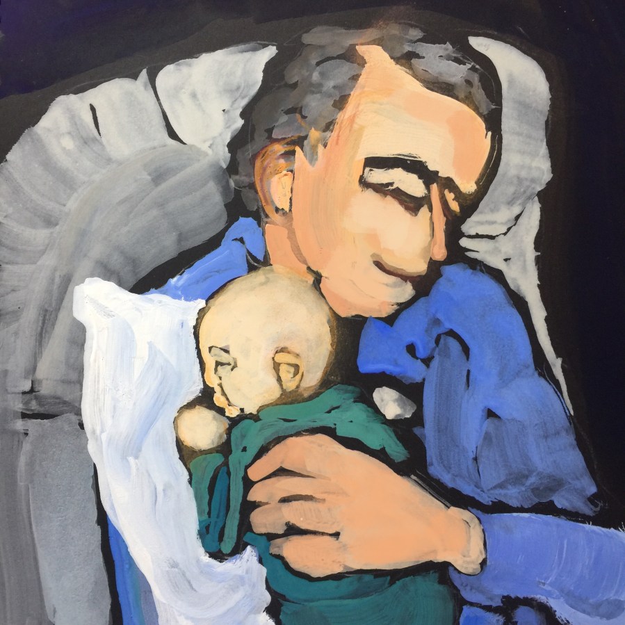 Sketch of a man holding his grandson by Sarah Sullivan