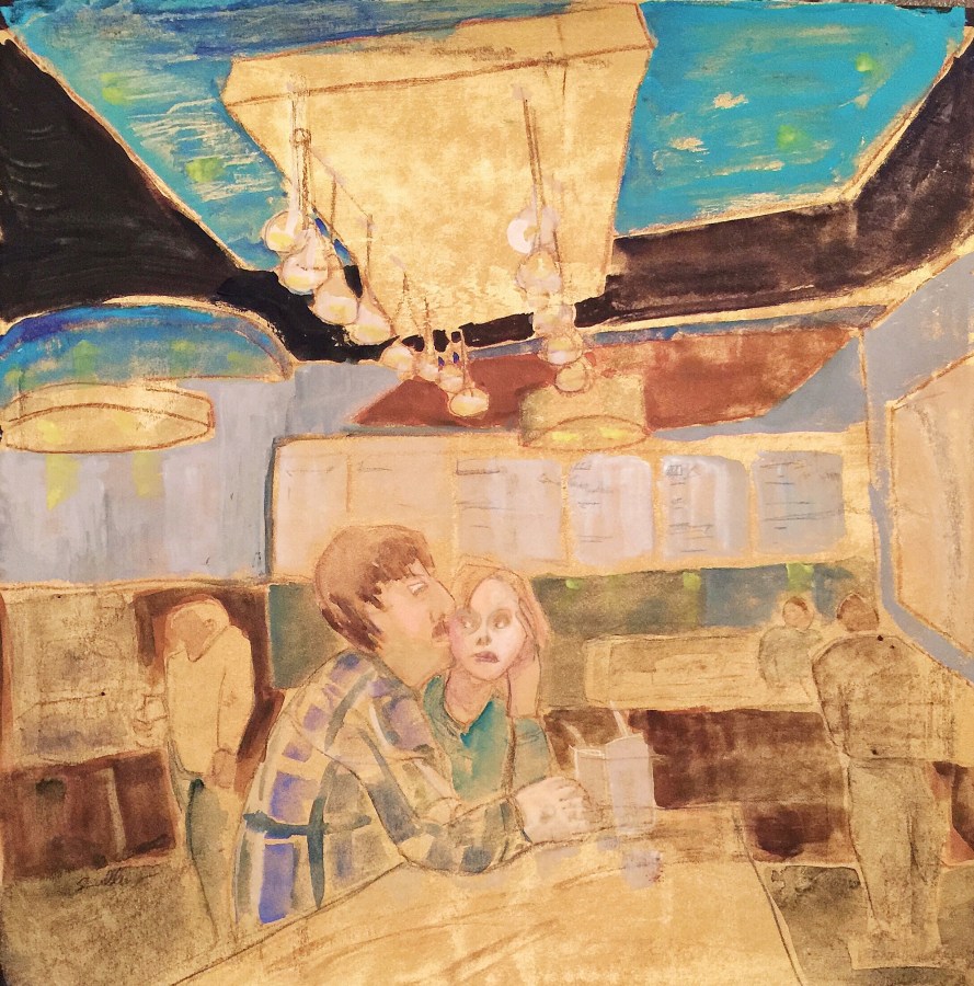 Sketch by Sarah Sullivan of two people in a taco shop