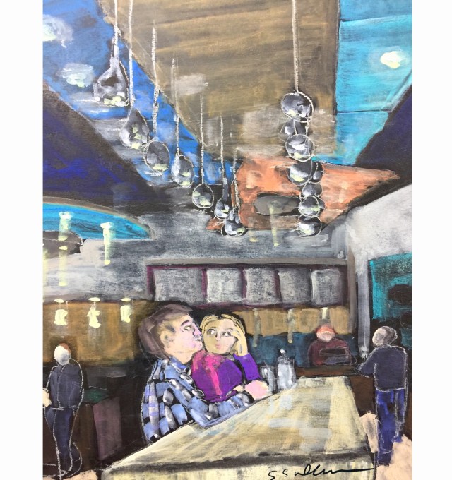Second Sketch of a couple in a taco shop by Sarah Sullivan
