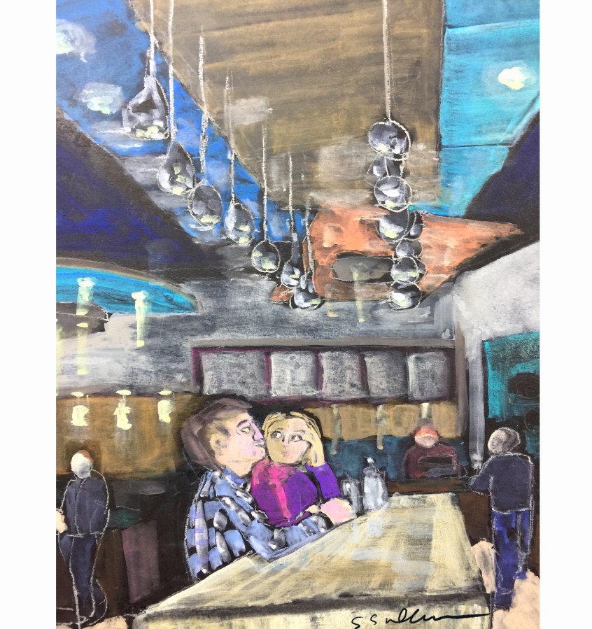 Second Sketch of a couple in a taco shop by Sarah Sullivan